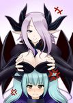  absurdres armor blue_eyes blush breast_envy breast_rest breast_squeeze breasts breasts_on_head cardfight!!_vanguard cleavage crying darkness_maiden_macha emoticon green_hair horns looking_at_viewer lowres purple_hair shadow_paladin skull_witch_nemain smile teasing yellow_eyes 