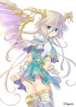  bangle blue_eyes bracelet braid dragon_girl falkyrie_no_monshou horns jewelry leg_up long_hair looking_at_viewer silver_hair smile solo soukuu_kizuna thighhighs tiamat_(falkyrie_no_monshou) twin_braids watermark white_background white_legwear wings 