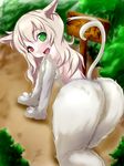  animal_ears ass back bangs blush breasts cat_ears cat_tail commentary fang from_behind furry heterochromia highres looking_at_viewer mon-musu_quest! monster_girl multiple_tails nekomata nekomata_(mon-musu_quest!) on_ground paws sideboob sidelocks silver_hair smile solo tail 