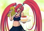  anndroid blue_eyes breasts cake candle candles cardfight!!_vanguard cheer_girl_tiara cheerleader cleavage cybernetic food frosting futuristic icing lowres midriff miniskirt pom_poms red_hair robot_girl science_fiction skirt spike_brothers tank_top twintails 