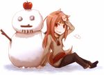  1girl absurdres animal_ears apple brown_hair female food fruit highres holo horo long_hair looking_at_viewer official_art red_eyes sitting snow snowman solo spice_and_wolf tail wolf_ears 