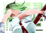  alternate_eye_color bad_id bad_pixiv_id breasts crossed_arms dual_wielding eyepatch gloves green green_background green_eyes green_hair hair_over_one_eye holding large_breasts looking_at_viewer necktie otonashi_kiruko police police_uniform shinmai_fukei_kiruko-san sho-1 short_hair solo tonfa uniform weapon white_gloves yellow_eyes 