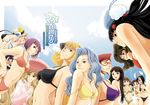  6+girls akosan altaria alternate_costume arm_behind_back back back-to-back bangs bikini black_hair blonde_hair blue_(pokemon) blue_eyes blunt_bangs bob_cut bow breasts brown_eyes brown_hair cattleya_(pokemon) closed_eyes cloud cover day from_below fuuro_(pokemon) gen_3_pokemon glasses hair_bow hair_ornament hair_over_one_eye hand_on_hip haruka_(pokemon) hikari_(pokemon) iris_(pokemon) kamitsure_(pokemon) kanna_(pokemon) karin_(pokemon) kotone_(pokemon) large_breasts lips long_hair looking_down mai_(pokemon) multiple_girls navel no_hat no_headwear off_shoulder on_head one-piece_swimsuit open_mouth parted_lips pokemon pokemon_(creature) pokemon_(game) pokemon_bw pokemon_dppt pokemon_hgss pokemon_rse ponytail purple_hair red-framed_eyewear red_hair robe shikimi_(pokemon) shirona_(pokemon) short_hair silver_hair sky smile swablu swimsuit touko_(pokemon) translated twintails very_long_hair wavy_hair wide_face 