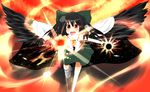  akisha arm_cannon bad_id bad_pixiv_id black_hair blush bow hair_bow highres open_mouth red_eyes reiuji_utsuho skirt smile solo touhou weapon wings 
