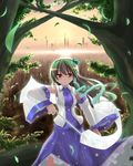  backlighting blue_skirt cowboy_shot detached_sleeves frog_hair_ornament gohei green_eyes green_hair hair_ornament holding kochiya_sanae long_hair long_sleeves looking_at_viewer makino_(ukiuo) nontraditional_miko outdoors plant skirt solo touhou tree vest 