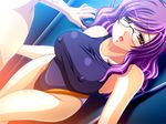  1girl breasts competition_swimsuit covered_nipples game_cg glasses kangoku_suieibu kawahara_misa large_breasts long_hair non-web_source one-piece_swimsuit purple_hair red_eyes swimsuit toyota_hayao 