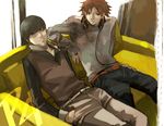  bad_id bad_pixiv_id belt brown_hair casual couch hanamura_yousuke headphones headphones_around_neck kazuki_(kazu-king) male_focus multiple_boys narukami_yuu persona persona_4 silver_hair 