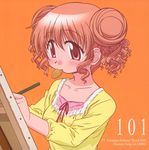  album_cover blush character_single cookie cover easel eating food hidamari_sketch highres hiro mouth_hold non-web_source official_art red_eyes scan 