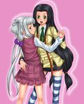  ashford_academy_uniform black_hair code_geass green_eyes hair_tubes long_hair multiple_girls red_eyes rokuichi school_uniform silver_hair striped striped_legwear sumeragi_kaguya thighhighs tianzi twintails very_long_hair 