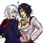  1girl between_breasts black_hair blush breasts cleavage devil_bringer devil_may_cry devil_may_cry_4 glasses lady_(devil_may_cry) large_breasts navel nero_(devil_may_cry) open_mouth short_hair sweat ud-j white_hair 