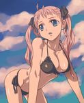  all_fours aqua_eyes bikini black_bikini blue_eyes breasts cleavage collarbone dusk hair_ribbon halter_top halterneck hirose_(mokiki) large_breasts long_hair open_mouth original pink_hair ribbon shiny shiny_skin side-tie_bikini sky solo swimsuit twintails 