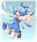  blue_eyes blue_hair cirno foreshortening hands jumping mary_janes nekomoto ribbon shoes short_hair solo touhou wings 