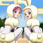  :d animal_ears back blonde_hair bunny_ears bunny_tail eyelashes haruyama_kazunori kasugano_urara_(yes!_precure_5) looking_back lowres multiple_girls open_mouth pink_hair precure purple_eyes smile squatting tail yellow_eyes yes!_precure_5 yumehara_nozomi 