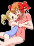  blonde_hair blue_leotard bow covered_nipples flat_chest gambler_club hair_bow hinamori_ami hug leotard multiple_girls one_eye_closed open_mouth orange_eyes orange_hair pink_leotard shugo_chara! skin_tight twintails yuiki_yaya 