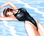  artist_request breasts brown_eyes brown_hair competition_swimsuit copyright_request covered_nipples highleg highleg_swimsuit large_breasts lying non-web_source one-piece_swimsuit short_hair solo swimsuit 