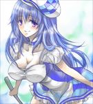  arin artist_request blue_hair breasts cleavage dress hat large_breasts light long_hair lowres pangya purple_eyes solo 