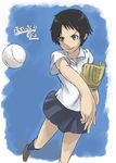  baseball baseball_mitt brown_eyes brown_hair face konno_makoto short_hair skirt smile solo tea_(nakenashi) toki_wo_kakeru_shoujo 