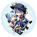  blue_hair chibi cirno eating food food_on_face fruit ham_(points) hat hinanawi_tenshi holding holding_food holding_fruit long_hair multiple_girls peach ribbon short_hair touhou 