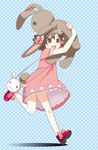  animal_ears animal_print blue_background brown_eyes brown_hair bunny bunny_ears bunny_print bunny_tail mattaku_mousuke original polka_dot polka_dot_background short_hair simple_background solo stuffed_animal stuffed_bunny stuffed_toy tail 