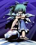  barefoot blue_hair cirno feet ice izumi_yukiru ribbon short_hair solo toes touhou wings 