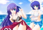  ahoge bad_id bad_pixiv_id ball beachball bikini blue_eyes blush breasts cleavage day ginga_nakajima guatemala large_breasts long_hair lyrical_nanoha mahou_shoujo_lyrical_nanoha_strikers multiple_girls ocean one_eye_closed purple_hair short_hair siblings sisters subaru_nakajima swimsuit water wet 