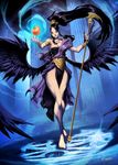  apple armlet bare_shoulders barefoot black_hair breasts eris_(mythology) feathered_wings food fruit full_body genzoman god goddess greek_mythology large_breasts legs lips long_hair mythology ponytail red_eyes signature solo staff very_long_hair wide_hips wings 