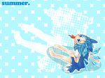  bad_id bad_pixiv_id barefoot blue_hair cirno food fruit highres looking_up mouth_hold popsicle ribbon short_hair solo touhou watermelon watermelon_bar wings yoshida_nishi 