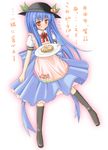  bad_id bad_pixiv_id blue_hair food fruit hat highres hinanawi_tenshi long_hair peach pie ribbon solo touhou translated zaze 