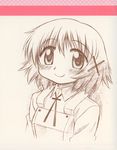  aoki_ume blush brown brown_eyes brown_hair character_single hair_ornament hairclip hidamari_sketch highres looking_at_viewer monochrome non-web_source official_art scan school_uniform short_hair simple_background sketch smile solo x_hair_ornament yuno 