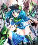  armor armored_dress blue_hair card card_with_aura hat holding holding_card kabutoyama kawashiro_nitori midriff navel power_armor science_fiction short_hair solo touhou twintails two_side_up 