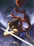  brown_hair male_focus moon ninja red_scarf ryou_(pixiv22748) scarf solo strider_(video_game) strider_hiryuu sword weapon 