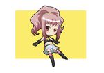  anya_alstreim belt black_gloves border chibi code_geass elbow_gloves full_body gloves knights_of_the_round_uniform looking_at_viewer paopa_ship pink_hair ponytail red_eyes shorts sidelocks simple_background solo thighhighs yellow_background 