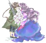  1girl black_hair blue_eyes child couple double_bun dress eye_contact flower gun gundam gundam_00 hetero long_hair looking_at_another marina_ismail oversized_clothes petals purple_hair rifle setsuna_f_seiei tears utai_yumi weapon 