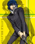  androgynous blue_eyes blue_hair cabbie_hat chain gun handgun hat mizuno_(hal0527) persona persona_4 reverse_trap revolver shirogane_naoto short_hair solo weapon 