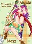  angela_(seiken_densetsu_3) blonde_hair blue_eyes blush breasts character_name cleavage copyright_name green_eyes hat huge_breasts kihaiu large_breasts leotard long_hair low-tied_long_hair multiple_girls one_eye_closed open_mouth pointy_ears polearm purple_hair red_leotard riesz seiken_densetsu seiken_densetsu_3 spear staff very_long_hair weapon 