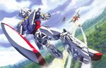  airplane artist_request cloud day dutch_angle gundam mecha no_humans official_art shield sky smoke turn_a_gundam turn_a_gundam_(mobile_suit) 