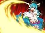  blue_hair fire food fruit hat hinanawi_tenshi long_hair peach red_eyes solo sword sword_of_hisou takoyaki_(takoyaki-batake) touhou weapon 