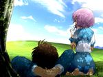  1girl arms_behind_head barefoot bliss_(image) blue_sailor_collar brown_hair cloud dappled_sunlight day from_behind gamute_de_kotei kita_high_school_uniform kyon lying meadow nagato_yuki purple_hair sailor_collar school_uniform seiza serafuku short_hair sitting sky sunlight suzumiya_haruhi_no_yuuutsu tree_shade 