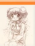  blush brown chair character_single double_bun hidamari_sketch highres hiro looking_at_viewer monochrome non-web_source official_art red_eyes red_hair scan school_uniform sketch smile solo 