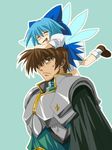  1girl armor blue_hair brown_eyes brown_hair cirno crossover pin.x rance rance_(series) ribbon touhou wings 