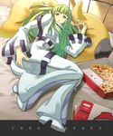  bodysuit c.c. cheese-kun code_geass food green_hair highres holding_pizza knife_(artist) long_hair pizza pizza_hut solo straitjacket white_bodysuit yellow_eyes 