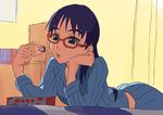  :o bed bedroom black_hair blue_hair blush box carton flcl food glasses green_eyes indoors long_sleeves lying ninamori_eri non-web_source on_stomach pajamas parted_lips purple_hair red-framed_eyewear ribbed_sweater room solo sweater 