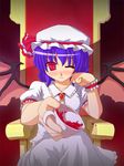  ;) blush collar cup dress etogami_kazuya frills hat looking_at_viewer mob_cap one_eye_closed puffy_short_sleeves puffy_sleeves purple_hair red_eyes remilia_scarlet short_hair short_sleeves sitting smile solo tea throne touhou white_dress wrist_cuffs 