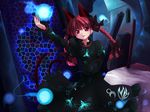  animal_ears braid dress kaenbyou_rin makino_(ukiuo) red_eyes red_hair solo touhou twin_braids 