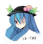  blue_hair food fruit hinanawi_tenshi leaf one_eye_closed peach red_eyes seo_tatsuya solo touhou 