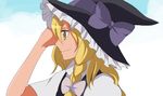  anime_coloring arms_up bad_id bad_pixiv_id banned_artist blonde_hair bow brown_eyes from_side hair_bow harano hat kirisame_marisa profile puffy_short_sleeves puffy_sleeves short_sleeves smile solo touhou upper_body witch_hat 