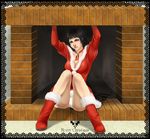  arms_up artist_request bare_legs black_hair boots brick christmas devil_may_cry devil_may_cry_3 fireplace fur_trim head_tilt knee_boots lady_(devil_may_cry) long_sleeves looking_at_viewer panties santa_costume short_hair solo underwear white_panties 