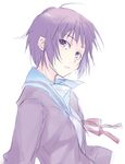  akari_maki cardigan kita_high_school_uniform nagato_yuki purple_hair school_uniform serafuku short_hair solo suzumiya_haruhi_no_yuuutsu upper_body 