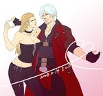  1girl artist_request belt black_gloves blonde_hair breasts buckle cleavage coat collarbone corset dante_(devil_may_cry) devil_may_cry devil_may_cry_1 fingerless_gloves gloves heart heart_of_string large_breasts long_hair long_sleeves looking_at_viewer lowres open_clothes pants silver_hair standing string trish_(devil_may_cry) 