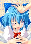  bad_id bad_pixiv_id blue_hair blush cirno closed_eyes happy mikumari_yusa open_mouth out_of_frame petting ribbon short_hair solo_focus touhou wings 